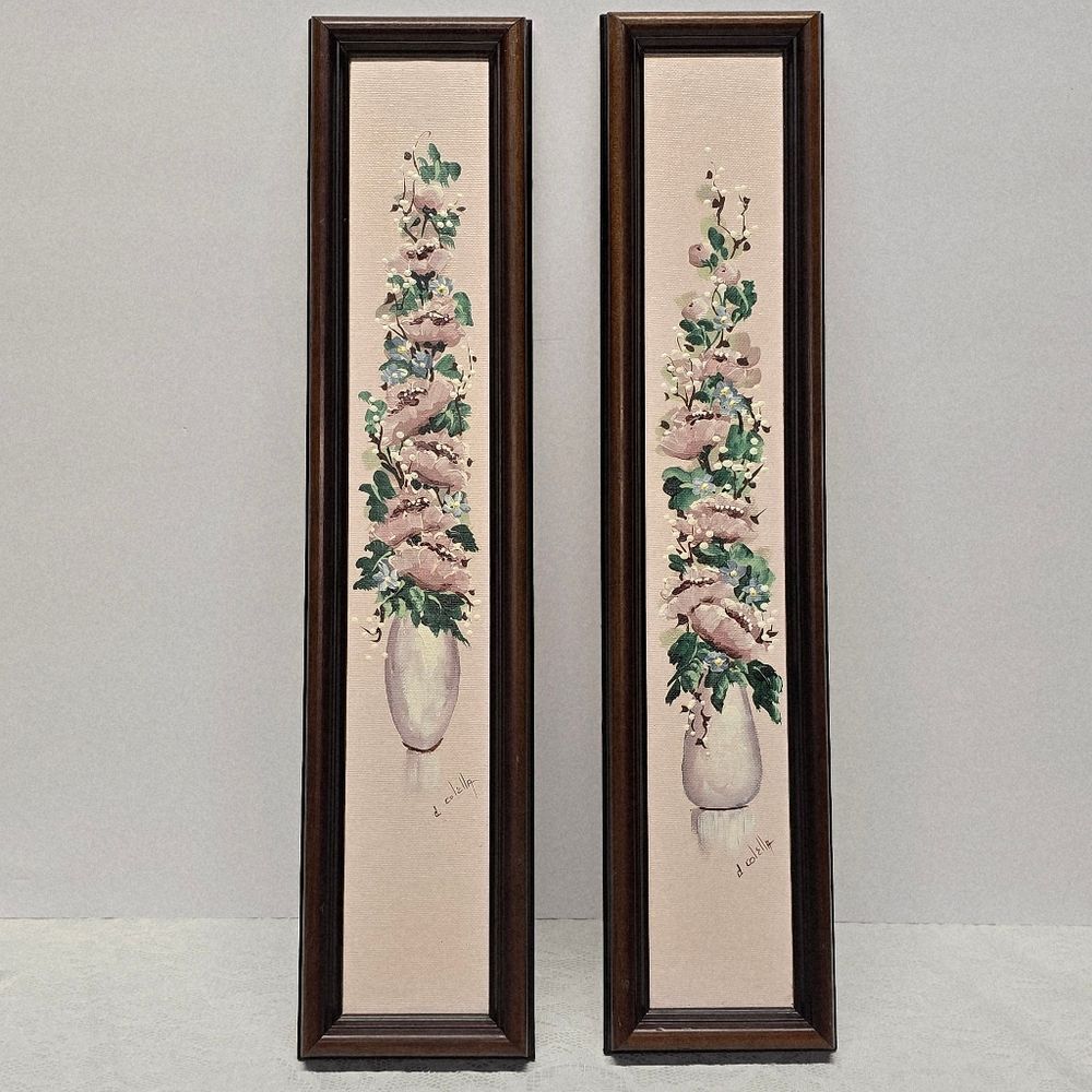 Dorothy Colella Vintage Original Floral Acrylic Oil Slim Paintings Roses In Vase
